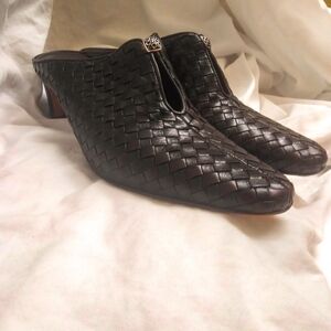 Brighton Brown Black Woven Leather Mules Slide In Open Back Heels Womens Size 10